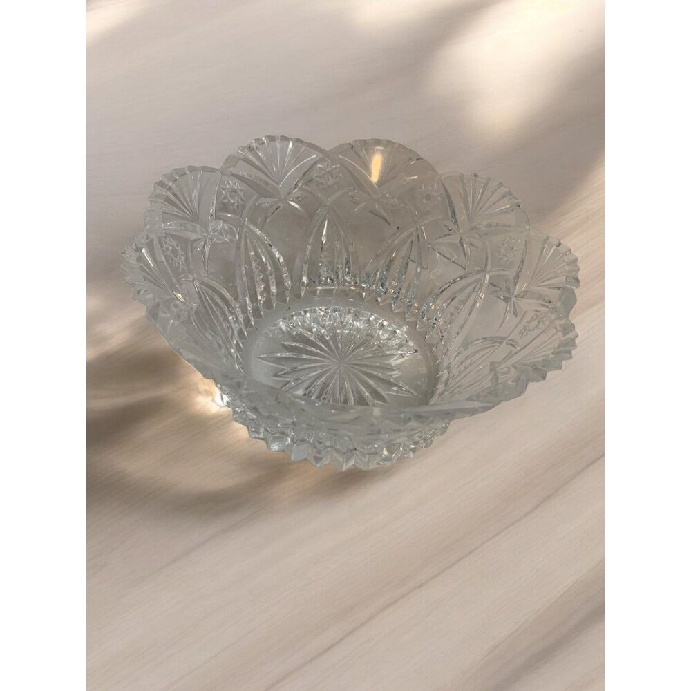 Vintage Crystal Starburst Cut Glass Bowl Scalloped Rim Pressed Glass Decorative